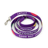 A purple sublimated dog lead with colourful patterns and metal clip, featuring branding elements.
