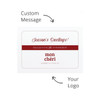 A promotional greeting card featuring a red and white design with space for a custom message and a logo.