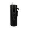 A drink bottle in black with a logo and decorative designs of eggs. It features a straw and a carrying strap.