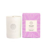 A white scented soy candle is accompanied by a purple box, labelled "Sweet Berries & Musk", featuring a logo.