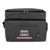 A grey insulated bag with a zippered top and a pocket featuring a logo.