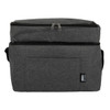 A grey cooler bag with a zippered top compartment and a front pocket, featuring a logo.