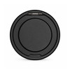 A black circular magnetic charger with a stand feature, designed for phones and watches, featuring a logo.