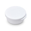A white circular container with a flat lid and a small handle on the side.