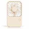 A beige rechargeable desktop fan with a front grille and a central power button, featuring a minimalist design.