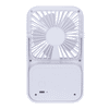 A white Breeze Rechargeable Desktop Fan featuring a grid design and a compact base, with a small logo on the side.