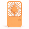 An orange rechargeable desktop fan with a circular fan design and a power button at the bottom.
