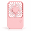 A pink rechargeable desktop fan with a grid design and a central power button, featuring a sleek and compact shape.
