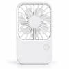 A white rechargeable desktop fan with a circular front grille and a power button at the base.