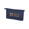 A navy blue toiletry pouch with a zippered closure and a branding logo on one side.