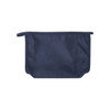 A navy toiletry pouch with a simple design and a zip closure. It has a logo on the side.