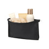A black toiletry pouch filled with various cosmetic bottles and tubes, featuring a small logo.