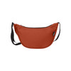 A burnt orange recycled waist bag with a black zip and strap, featuring a branding logo.