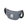 A grey waist bag with a curved design, featuring a logo and an adjustable strap.
