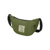 An olive green waist bag with a shoulder strap and a logo, featuring a motivational text design.