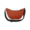 An orange waist bag with a black strap and zippered closure, featuring a logo.