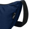 A navy waist bag with a black strap and a small logo tag, made from recycled materials.