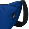 A blue recycled waist bag with a black strap and a small tag featuring a logo.