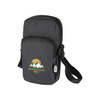 A grey recycled phone pouch with a zip closure, featuring a logo and an adjustable strap.