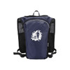 A navy blue hydration pack with a mesh back and a logo on the front, designed for running.