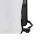 A recycled running vest hydration pack in white and black, featuring mesh material and adjustable straps.