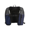 A recycled running vest hydration pack in navy blue with mesh back and two zippered pockets. Includes a logo.