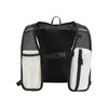 A lightweight, black and white hydration pack with mesh panels and pockets for storage.