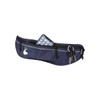 A navy running waist pack featuring a zippered compartment with a smartphone and keys inside. It has a logo.