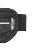 A black running waist pack featuring a textured fabric and a label indicating it is made with recycled polyester.