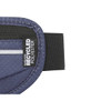 A blue waist pack featuring a black adjustable strap and a label indicating it is made with recycled polyester.