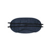 A dark navy eye mask featuring two black elastic straps for securing it in place. It has a smooth fabric texture and a logo.