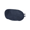 A navy eye mask with adjustable straps, featuring a smooth fabric design and a logo on one side.