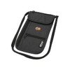 A grey recycled travel pouch with a strap, featuring multiple zippered pockets and a logo.