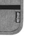 A grey travel pouch with a zippered closure and a tag indicating it is made with recycled polyester.