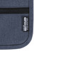 A grey travel pouch with a zippered closure, featuring a label indicating it is made from recycled polyester.