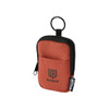 A small pouch in orange and black, featuring a logo, with a keyring attachment and zipper closure.