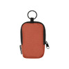 An orange small pouch with a black zipper and a loop, featuring a logo on the side.
