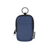 A small navy blue pouch with a keyring and zipper, made from recycled polyester, featuring a logo.
