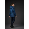 A woman's navy blue quilted puffer jacket with a hood, featuring a brand logo, displayed from the back.