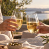 Two elegant stemless glasses filled with sparkling golden liquid, clinking together against a scenic background.