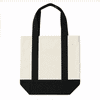 A mini canvas tote in cream with black straps and a reinforced bottom, featuring a logo.