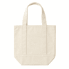 A mini canvas tote in a cream colour with two sturdy handles and a front pocket. It features a logo.