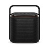 A compact black Bluetooth speaker with a handle and control buttons on top. It features a mesh grille design.