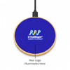 A wireless charger in blue with a wooden base and a logo area that lights up.