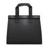 A black cooler bag with textured handles and a sleek design, featuring a simple, minimalist appearance.