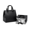 A black cooler bag with handles, featuring an insulated silver interior and a foldable design. It has a logo on it.