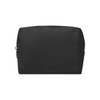 A black toiletry bag with a zipper and a subtle logo, featuring a sleek and simple design.