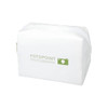A white toiletry bag with a zip closure and a small logo. Features a rectangular shape and smooth texture.