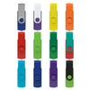 A collection of twelve Helix 8GB dual flash drives in various colours including blue, green, red, orange, and purple.