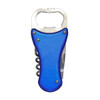 A drink bottle opener multi-tool with a blue plastic handle, metal bottle opener, and corkscrew feature.